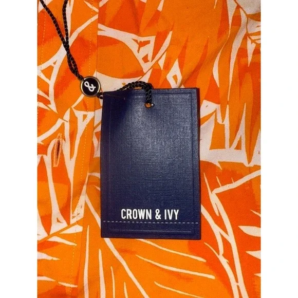 Crown & Ivy Mens Medium Orange Leaf Print Stretch Short Sleeve Button Down Shirt - Picture 2 of 5